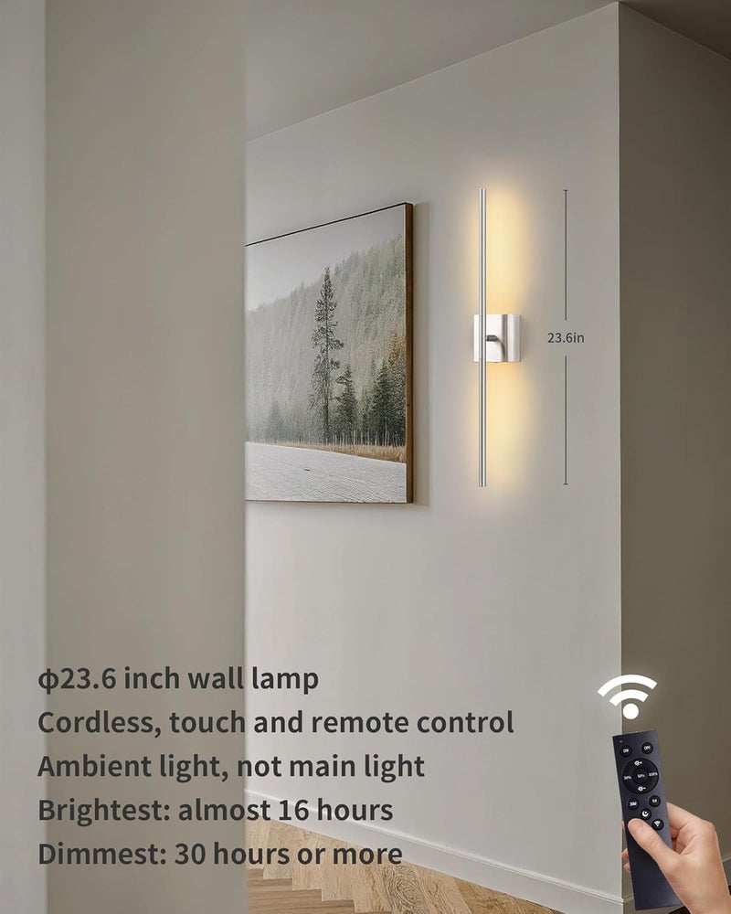 KDG Cordless Wall Sconces Set of 2, Wireless 5200mAh Rechargeable Battery Operated LED Wall Lamps with Remote, 360° Rotate Lightings for Wall Painting, Bedroom, Hallway, Night Light 23.6 inch (Nickel) - Image 1
